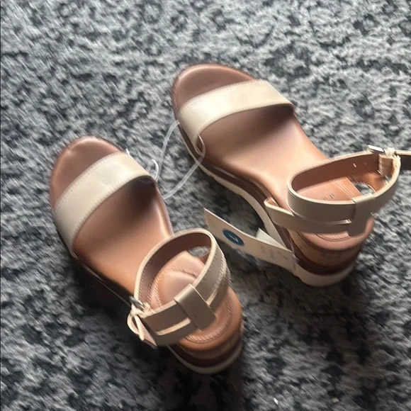 Cream and Brown Wedge Sandals with Cork Heel - Picture 4 of 10